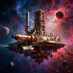 artistic composition, rich colors, high contrast hyperreal deep space dock mining platform with massive piping inspired by submarine, star citizen, oblivion, the expanse, mandelbulb, high tech, dramatic nebula sky, volumetric lighting