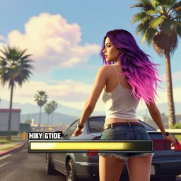 a stunning GTA V loading screen with a beautiful woman with ombre hairstyle in purple and pink blowing in the wind, outrun, vaporware, palm trees, beautiful sky with cumulus couds, golden ratio, digital art, trending on artstation