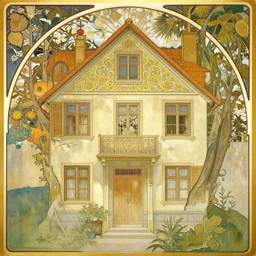 a house int the style of alphonse mucha