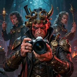hyper realistic photographer looking through camera towards viewer, magical, steampunk, hell boy, painted by mike mignola, craig mullins, j. c. 8 k