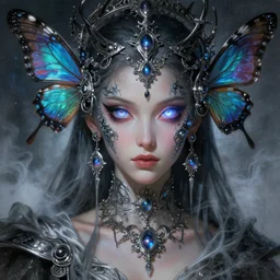 a baroque neoclassicist portrait of a final fantasy futuristic empress tsarina alien goddess gazing intensely with big glowing cosmic eyes adorned in intricate silver blacklight retrofuturistic jewelry with iridescent butterfly wings and silk, misty x - particles, award winning science fiction painting by frank frazetta, syd mead, artgerm, alphonse mucha, unreal engine 5, dreamcore