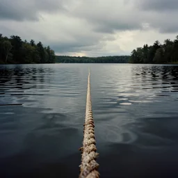 symmetrical photograph of a very long rope on the surface of the water, the rope is snaking from the foreground towards the center of the lake, a dark lake on a cloudy day, trees in the background, moody scene, dreamy kodak color stock, anamorphic lens