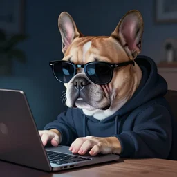 detailed portrait of a french bulldog with a hoodie typing on his laptop at night wearing sunglasses, volumetric light, shallow depth by ismail inceoglu dragan bibin hans thoma greg rutkowski alexandros pyromallis nekro rene maritte illustrated, perfect face, fine details, realistic shaded, fine - face, direct glaze