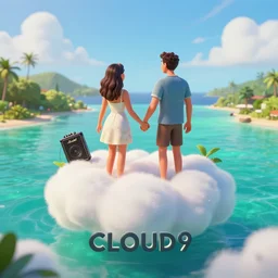 a beautiful couple holding their hands on a cloud above emerald lagoon of Sint-Marteen with a marshall speaker with visible music coming from, CLOUD9 is written under the illustration, mattepainting concept Blizzard pixar maya engine on stylized background  global illumination lighting artstation  lois van baarle, ilya kuvshinov, rossdraws