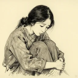 a sad mother during the great depression, hard sketch by yoji shinkawa