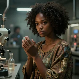 beautiful and enigmatic afro american girl held captive in a remote research facility. vulnerability and innocence, ultra realistic, sharp details, subsurface scattering, intricate details, warm lighting, beautiful features, highly detailed, photorealistic, octane render, 8 k, unreal engine, art by artgerm and greg rutkowski and alphonse mucha
