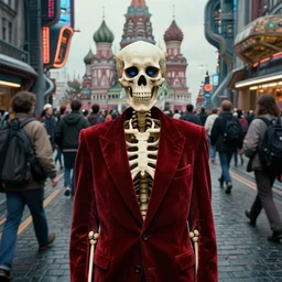 realistic detailed photorealistic film portrait shot of a single skeleton wearing crimson velvet blazer in a crowded futuristic moscow street by Denis Villeneuve, Amano, Yves Tanguy, Alphonse Mucha, Ernst Haeckel, Andrei Tarkovsky, Edward Robert Hughes, Roger Dean, rich moody colours, wide angle, blue eyes