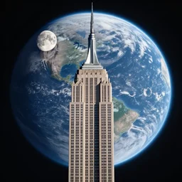 The empire state building on the moon, high exposure image of earth can be seen in the sky