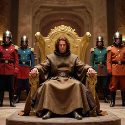 Jodorowsky's Dune movie, cinema still, photo realistic, emperor's throne room with guards wearing helmets, in focus faces, colorful uniforms, extremely detailed and sharp, wide angle, 8k, cinestill 400t film