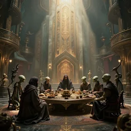 cultist secret meeting with aliens taking place in an art deco townhall in a oriental medieval fantasy village. incredible voluminous indirect soft glow cinematic lighting, hyperdetailed features, movie still, intricate, octane render, unreal engine, crepuscular rays, god rays, by beeple and rhads and donato giancola