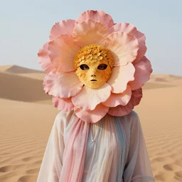 humanoid in flower mask, autumn, surrealism, directed gaze, haute couture, editorial photoshoot, pastel colors, vivid, fashion photography, cinematic lightning, sand dunes, desert, ultra realistic, portrait photography, 8 k hd in the style of zdzisław beksinski