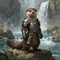 furry otter warrior, fantasy art by Kathy Bakett, lightweight armour, near the river, waterfall, digital art, high quality, 4K