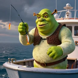 life - sized gummi bear and shrek go deep sea fishing in a sportfisherman boat. the bear is fishing for swedish fish candy by using gummi worm candy as bait. photorealistic digital art, epic fantasy, dramatic lighting, cinematic, extremely high detail, cinematic lighting, trending, artstation, cgsociety, 3 d ue 5, 4 k, hq