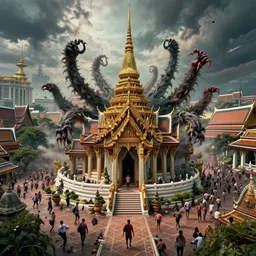 Thailand, bangkok being invaded by Cthulhu with Thai people fleeing everywhere. There is a wat in the center. horror. surreal. digital art. trending on artstation. HD. 8K. highly detailed. good lighting. beautiful. epic. masterpiece.