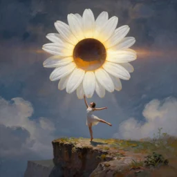 giant white daisy flower on head, girl dancing on cliff, surreal photography, solar eclipse, dramatic light, impressionist painting, clouds, digital painting, artstation, james gilleard, liam wong, jeremy mann, simon stalenhag