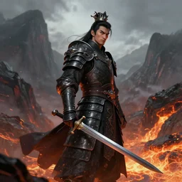 realistic side view photo of a king in the mountains, angry, beautiful face, handsome, black iron armour, sword, lava, wide angle, dramatic lighting, intricate, wild, highly detailed, digital painting, artstation, concept art, smooth, sharp focus, illustration