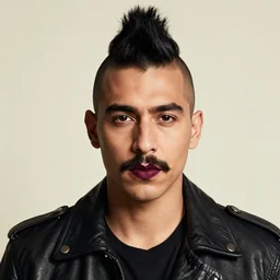 front close up portrait of a young beautiful mexican man with a mohawk haircut, moustache, wearing a leather jacket, maroon lips, blank background, rembrandt lighting, by kehinde wiley, kadir nelson, norman rockwell