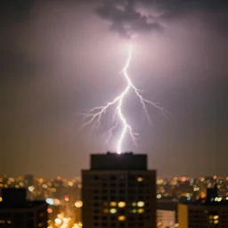 a 2 8 mm macro photo of lightning striking the top of a building in a city, long exposure, misty, night, splash art, movie still, bokeh, canon 5 0 mm, cinematic lighting, dramatic, film, photography, golden hour, depth of field, award - winning, anamorphic lens flare, 8 k, hyper detailed, 3 5 mm film grain