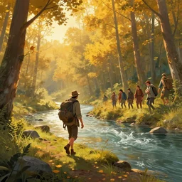an adventurer walking along the river bank in a forest during the golden hour in autumn, highly detailed, magic fantasy, digital art, vibrant colors, keyframe illustration, trending on artstation, andreas rocha, sylvain sarrailh, darek zabrocki, finnian macmanus, dylan cole, liang mark, albert bierstadt, sung choi, peter mohrbacher, greg rutkowski
