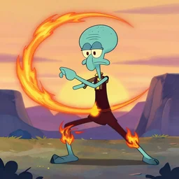 tentacled [ [ squidward ] ] wearing fire nation clothing and practicing firebending outside at susnset, [ greg rutkowski ]