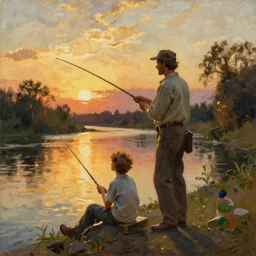 “a beautiful painting of a man and his son fishing at the side of a lazy river, golden hour by Thomas Hart Benton, oil on masonite”