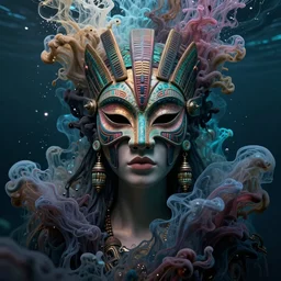 a centered render of an alluring goddess wearing a tribal mask surrounded by a underwater ink pour and flowing liquid galium, perfect face, powerful, cinematic, beautifully lit, by leticia gillett, by karol bak, 3 d, trending on artstation, octane render, 8 k