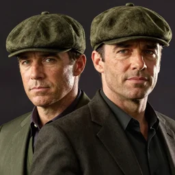 portrait close - up kevin mckidd ciaran murphy, olive green flat cap and gilet suit, dark, gta v coverart!!