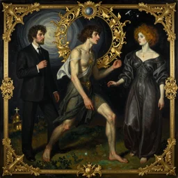 dynamic composition, a painting of space gopnik, a surrealist painting by Tom Bagshaw and Jacek Yerga and Tamara de Lempicka, featured on cgsociety, pop surrealism, surrealist, wiccan, pre-raphaelite, ornate gilded details