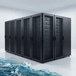 data center, servers, river with waves on the floor, photo, high quality,