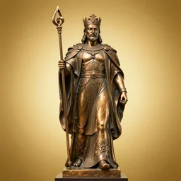 a Bronze Statue of a king on a golden gradient background.