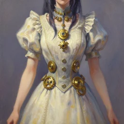 scifi pricess of the highlands, wearing a lovely dress with brass toothwheels. this oil painting by the award - winning mangaka has an interesting color scheme and impeccable lighting.