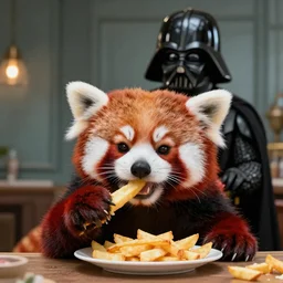red panda darth vader eating fries