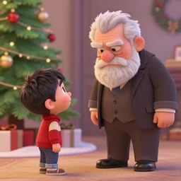 a young boy tells an old grumpy man about the meaning of christmas, pixar style, digital render