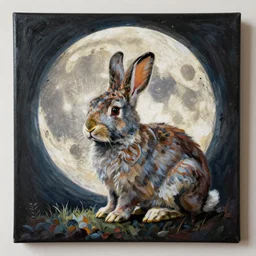 A painting of a rabbit the moon, in the style of Flooko, acrylic art, detailed