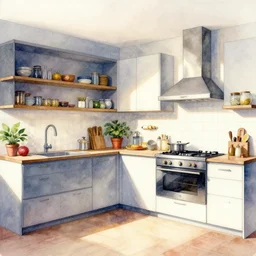a hiper intricate watercolor of a beatiful modern kitchen, extremely detailed, sharp focus, wide view, smooth, digital illustration, colorfull, by william turner art, by greg rutowski, by carl larson, by edmund dulac