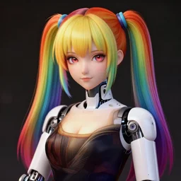 anthropomorphic social bot - anime girl with rainbow pony tails haircut, focusing decollete, leonard da vinci style