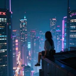 a cinematic frame of a girl, sitting alone on the edge of a skyscraper, looking at the cyberpunk city skyline at night, lit by bright neon futuristic lights, hyperdetailed, 8 k, artstation, matte painting