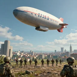 red alert troops in real life invading city and kirov dirigible fly in sky, hd, hdr, ue 5, ue 6, unreal engine 5, cinematic 4 k wallpaper, 8 k, ultra detailed, by popular digital artist, beautiful image, resolution, artstation