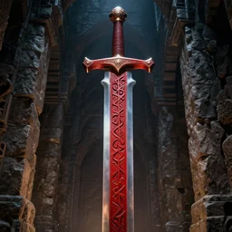 this is a close - up of a huge red rune sword statue inside the underground passage of the dark castle made of huge stones. narrative lighting, extremely super - detailed, intricate, epic composition, trending on artstation, by sergey vasnev and jan urschel