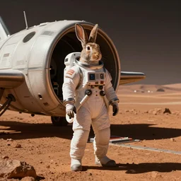 a rabbit in a spacesuit stands in a spaceship with a blaster against the background of mars cyberpunk photorealism
