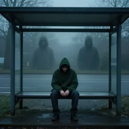 guy wearing dark green hoodie sitting at bus stop, environment, dark tv show style, foggy, movie still, spooky, epic scene, surrealism, art by peter mohrbacher, tsutomu nihei and zdzisław beksinski, 4 k, realistic