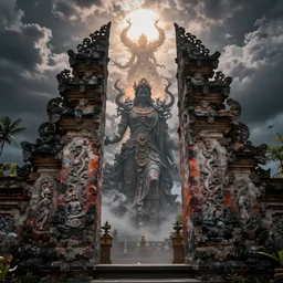 hellish version of the gates of heaven in bali, exquisite, volumetric lighting, 8 k octane beautifully detailed render, post - processing, extremely hyper - detailed, intricate, epic composition, cinematic lighting, masterpiece, trending on artstation, stunning art by caravaggio, by craig mullins, beautiful cinematic light