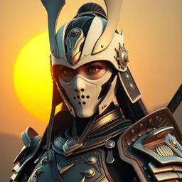 gorgeous female samurai with full warrior armor, 3 d render, futuristic biomechanical, porcelain ivory mask, hyper realistic, cinematic, octane render, 8 k, yellow sun in background, vivid colors