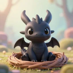 a portrait of a cute happy tiny black chibi dragon sitting in a nest, black eyes, artstation, by magali villeneuve, depth of field, beautiful lighting, pastel colors, bokeh, fantasy art