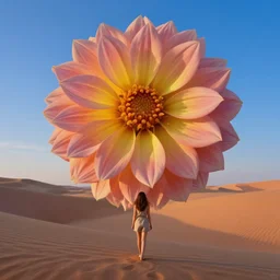 closeup giant dahlia flower over the head, girl walking between dunes, surreal photography, sunrise, blue sky, dramatic light, impressionist painting, digital painting, artstation, simon stalenhag