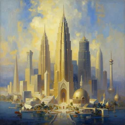 wide angle digital painting of an abstract skyline of atlantis, hd, volumetric lighting, 4 k, intricate detail, by jesper ejsing, irakli nadar