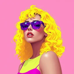 portrait girl yellow curly hair, pink background, purple sunglasses, art by ismail inceoglu, artstation