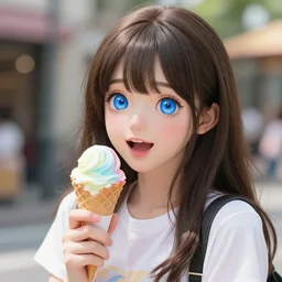 teenage cute girl with extremely detailed blue eyes!, holding a cone of rainbow ice cream!, happy excited expression!!!!!!, full face, medium shot, anime, fantastic details, trending on artstation, pixiv, hyperdetailed, stanley artge rm lau, wlop, rossdraws, mandy jurgens and artgerm and william - adolphe bouguereau,