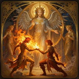 prometheus giving fire to man, intricate, d & d fantasy, wide shot, magical, art nouveau, digital painting, trending on artstation, sharp focus, illustration, holy, divine, powerful, global illumination, ray tracing, art by artgerm and greg rutkowski and ruan jia