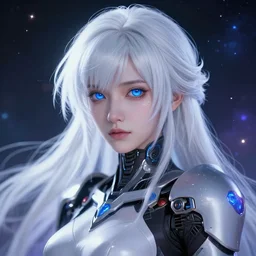 photo of a android girl, warframe armor, beautiful face, scifi, attractive, masterpiece, xianxia, galaxy, raytracing, dreamy, focused, sparks of light, medium white hair, blue cyborg eyes, unique, 8 k high definition, insanely detailed, intricate, innocent, art by akihiko yoshida, akihito tsukushi